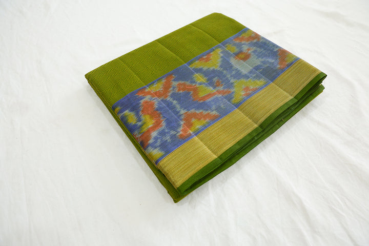 Cotton Saree With Blue Pochampalli Design, Golden Zari Border And Yellow Wavy Stripes