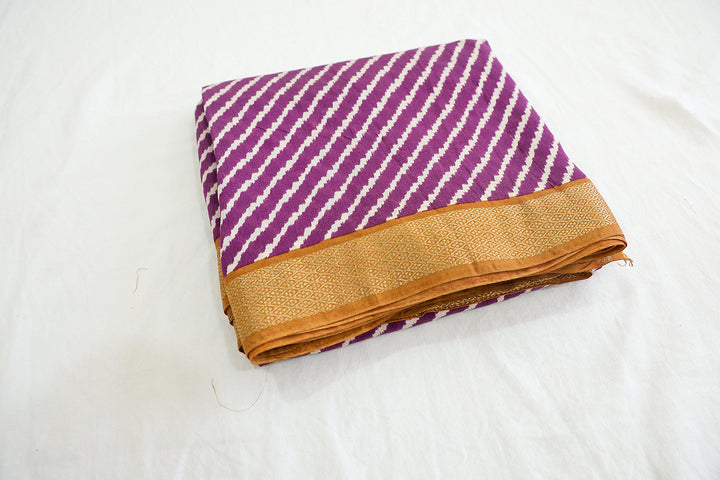 Violet Cotton Saree With Amber Pallu, Golden Zari Borders And White Stripes