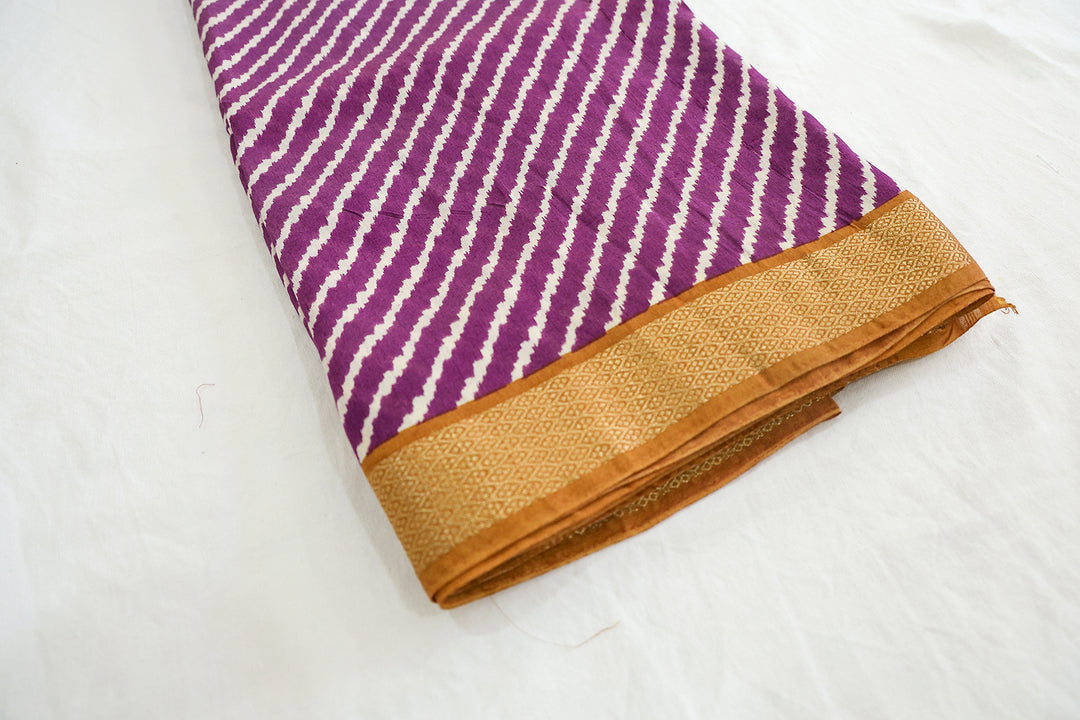 Violet Cotton Saree With Amber Pallu, Golden Zari Borders And White Stripes