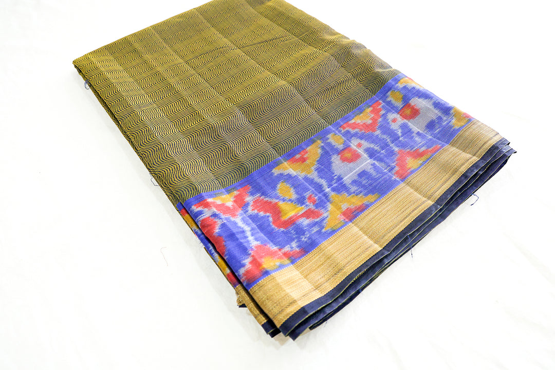 Cotton Saree With Blue Pochampalli Design, Golden Zari Border And Yellow Wavy Stripes