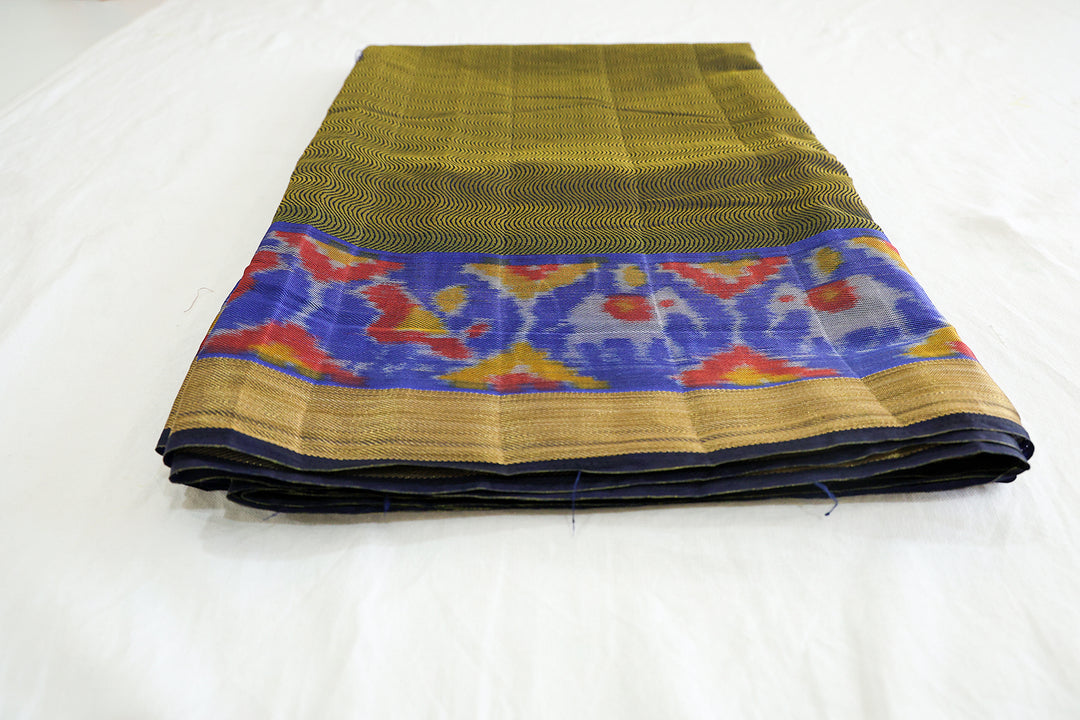 Cotton Saree With Blue Pochampalli Design, Golden Zari Border And Yellow Wavy Stripes