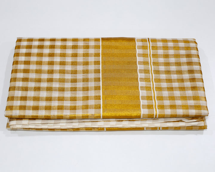 Kerala Kasavu Saree with Golden Checks and Matching Running Blouse