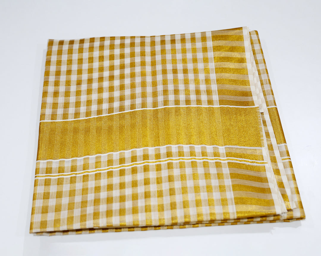 Kerala Kasavu Saree with Golden Checks and Matching Running Blouse