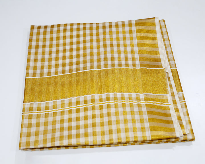 Kerala Kasavu Saree with Golden Checks and Matching Running Blouse