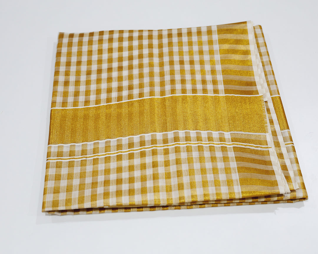 Kerala Kasavu Saree with Golden Checks and Matching Running Blouse