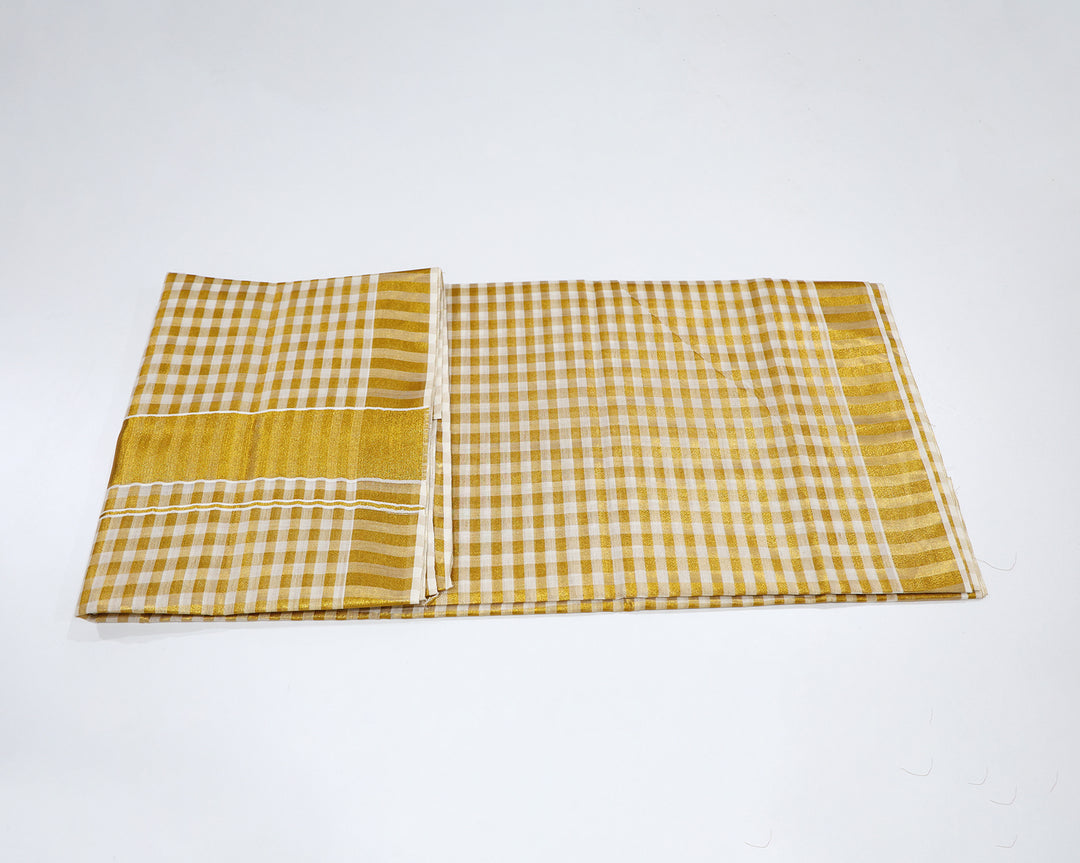 Kerala Kasavu Saree with Golden Checks and Matching Running Blouse