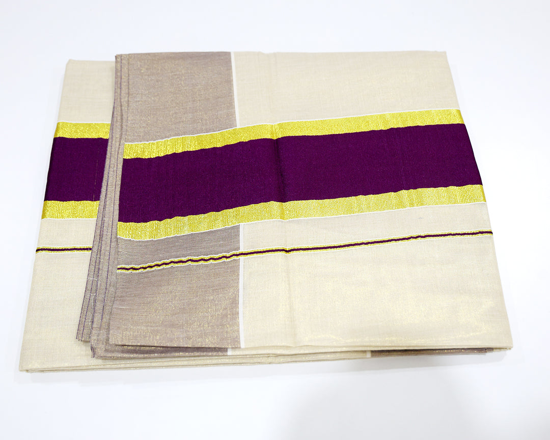 Kerala Kasavu Saree with Colour Accents and Golden Zari Border