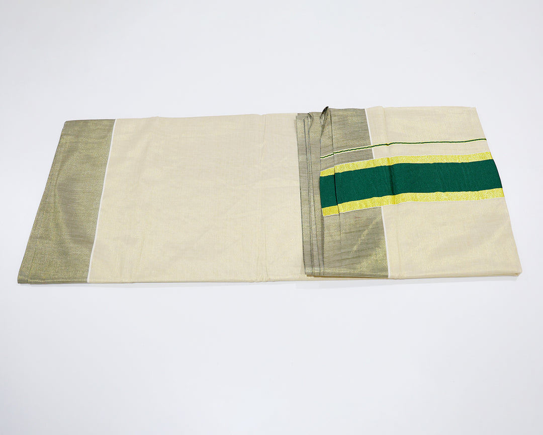 Kerala Kasavu Saree with Colour Accents and Golden Zari Border