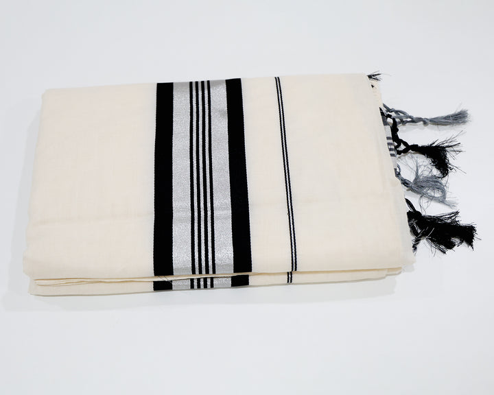 Kerala Kasavu Saree with Black Border, Silver Zari Temple Design, and Running Blouse