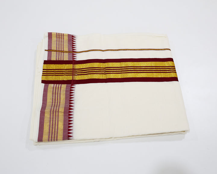 Kerala Kasavu Saree with Red Border, Golden Zari Temple Design, and Running Blouse