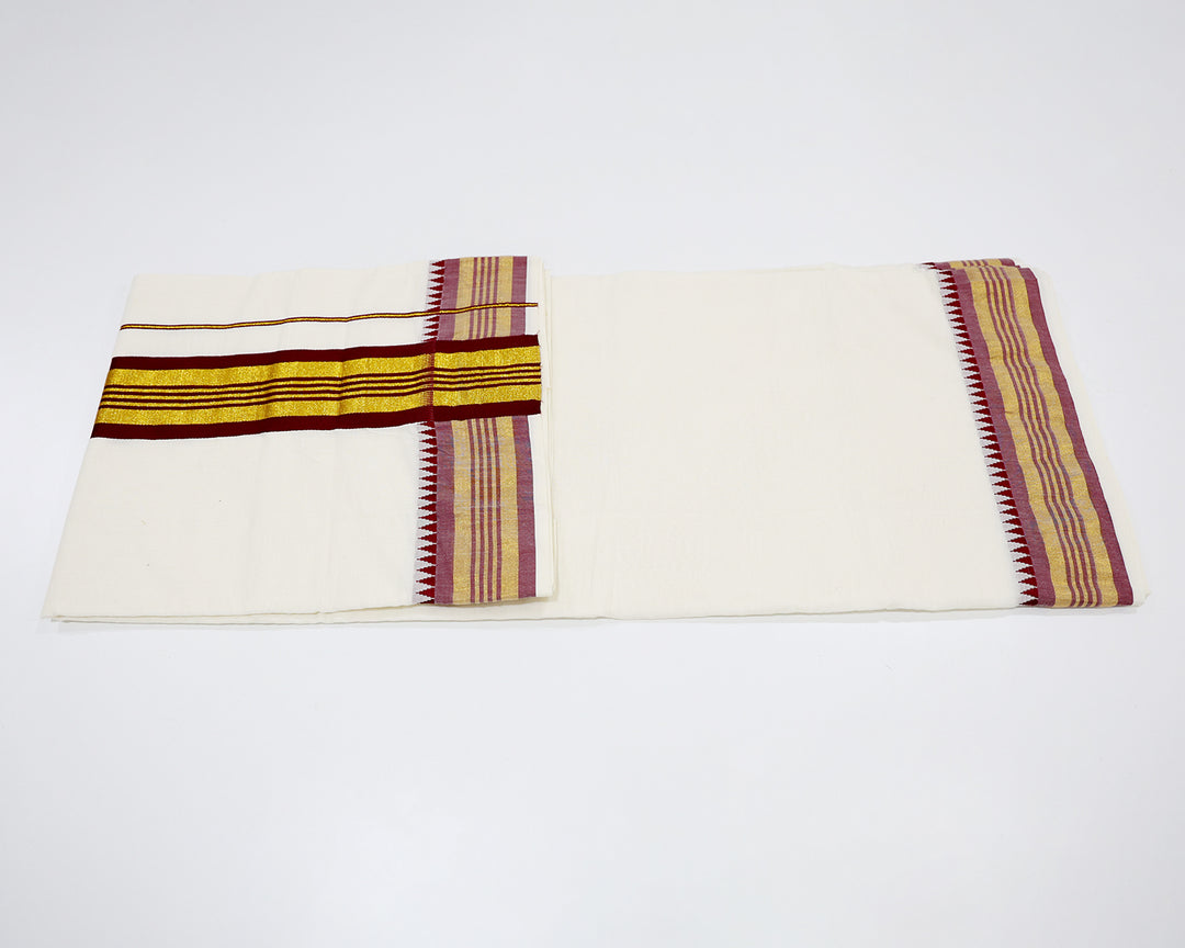 Kerala Kasavu Saree with Red Border, Golden Zari Temple Design, and Running Blouse