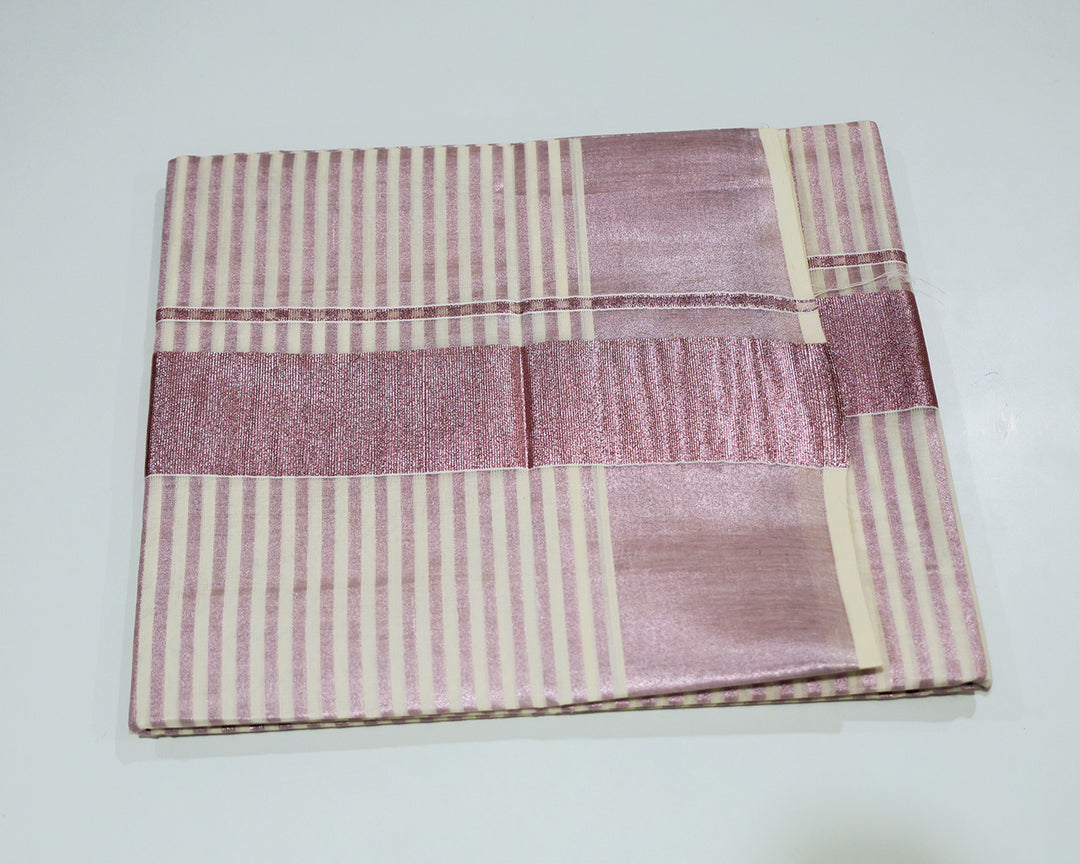 Kerala Kasavu Tissue Saree with Pink Zari Lines, Border, and Running Blouse