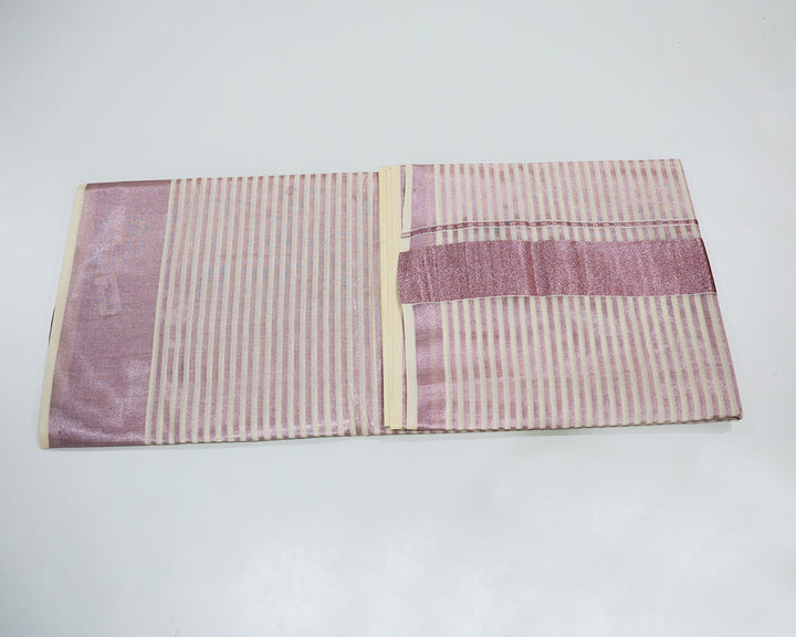 Kerala Kasavu Tissue Saree with Pink Zari Lines, Border, and Running Blouse