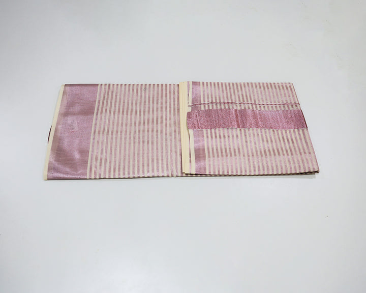 Kerala Kasavu Tissue Saree with Pink Zari Lines, Border, and Running Blouse