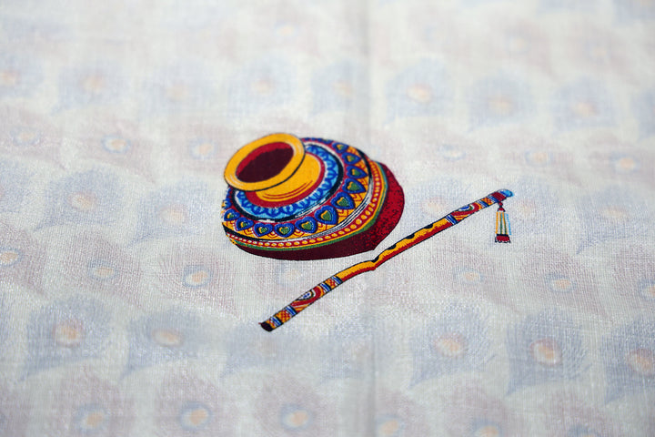 Kerala Mural Printed Tissue Saree with Krishna, Pot, and Flute Motifs, Silver Zari Border, and Peacock Feather Pallu