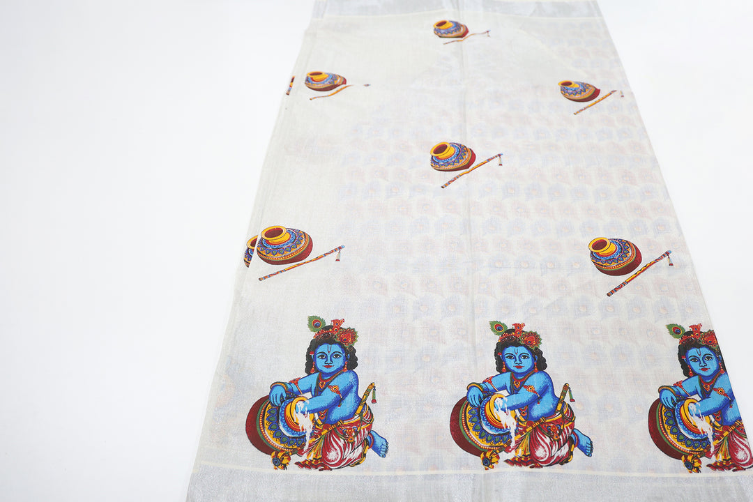 Kerala Mural Printed Tissue Saree with Krishna, Pot, and Flute Motifs, Silver Zari Border, and Peacock Feather Pallu