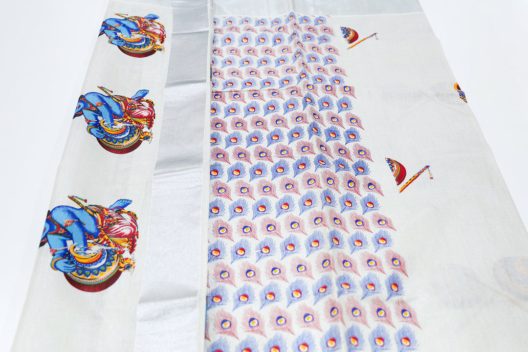 Kerala Mural Printed Tissue Saree with Krishna, Pot, and Flute Motifs, Silver Zari Border, and Peacock Feather Pallu