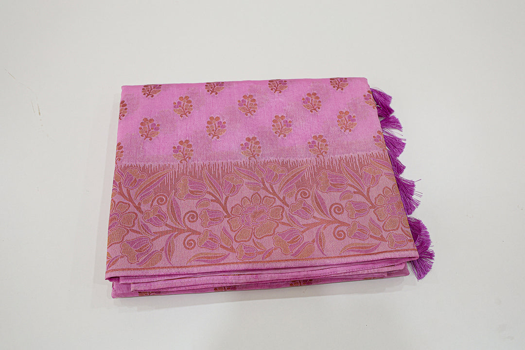 Tussar Mix Saree With Pink, Gold, And Copper Zari Floral Designs, Adorned With Floral Butta And Tassels