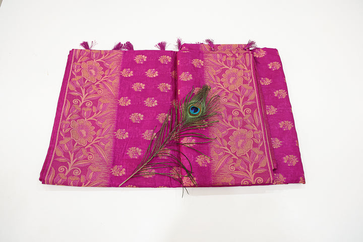 Tussar Mix Saree With Pink, Gold, And Copper Zari Floral Designs, Adorned With Floral Butta And Tassels