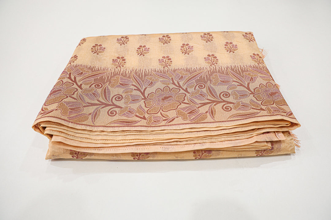 Tussar Mix Saree With Pink, Gold, And Copper Zari Floral Designs, Adorned With Floral Butta And Tassels