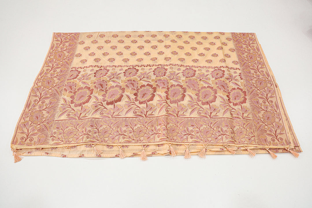 Tussar Mix Saree With Pink, Gold, And Copper Zari Floral Designs, Adorned With Floral Butta And Tassels