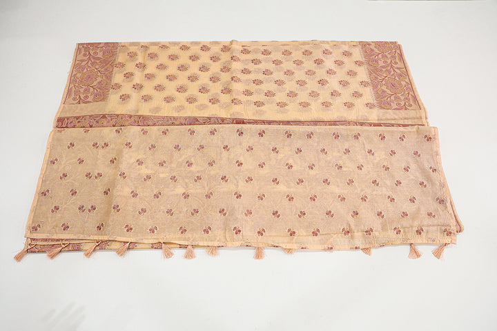 Tussar Mix Saree With Pink, Gold, And Copper Zari Floral Designs, Adorned With Floral Butta And Tassels