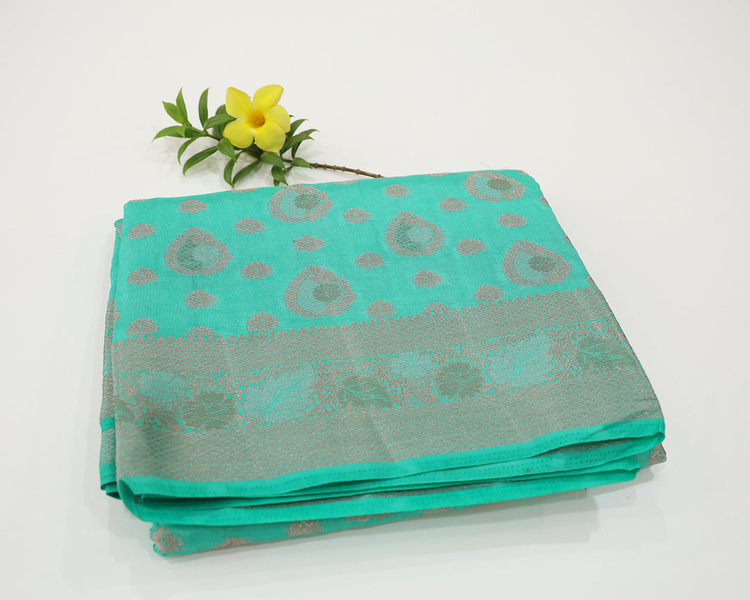 Tussar Mix Saree With Silver, Gold, And Copper Zari Leaf With Floral Designs, Adorned With Leaf Butta