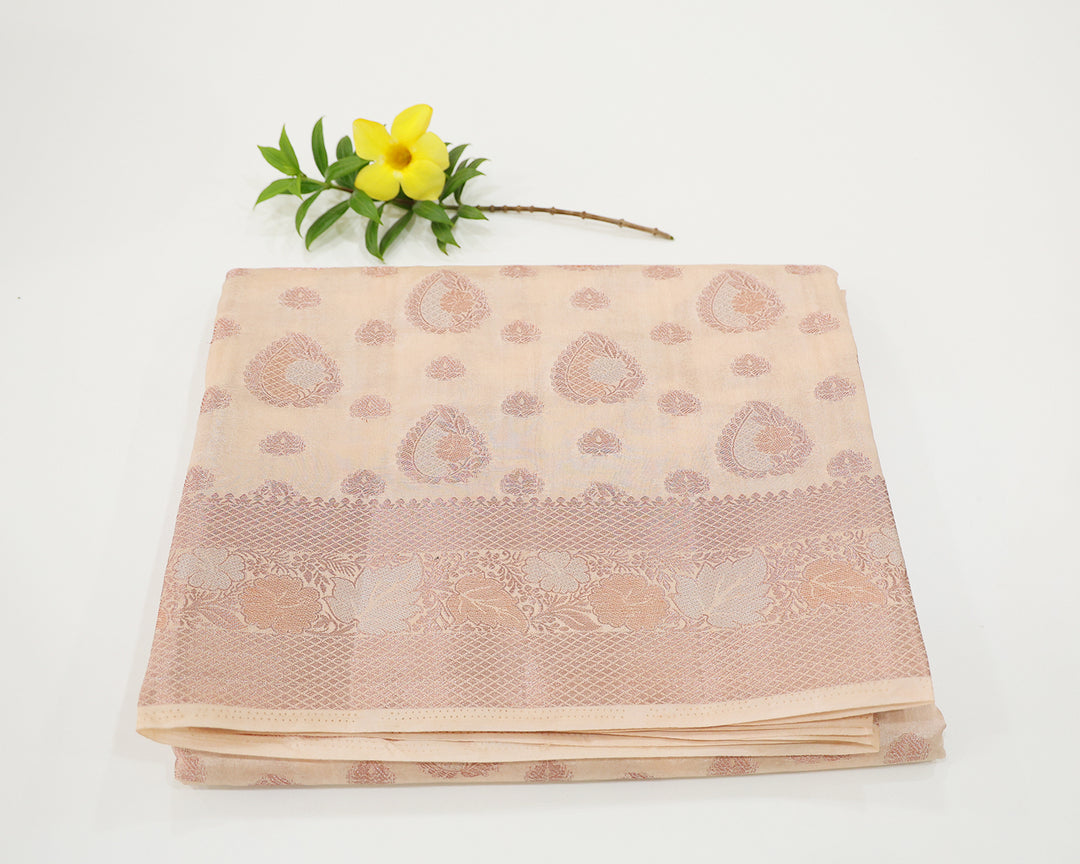 Tussar Mix Saree With Silver, Gold, And Copper Zari Leaf With Floral Designs, Adorned With Leaf Butta