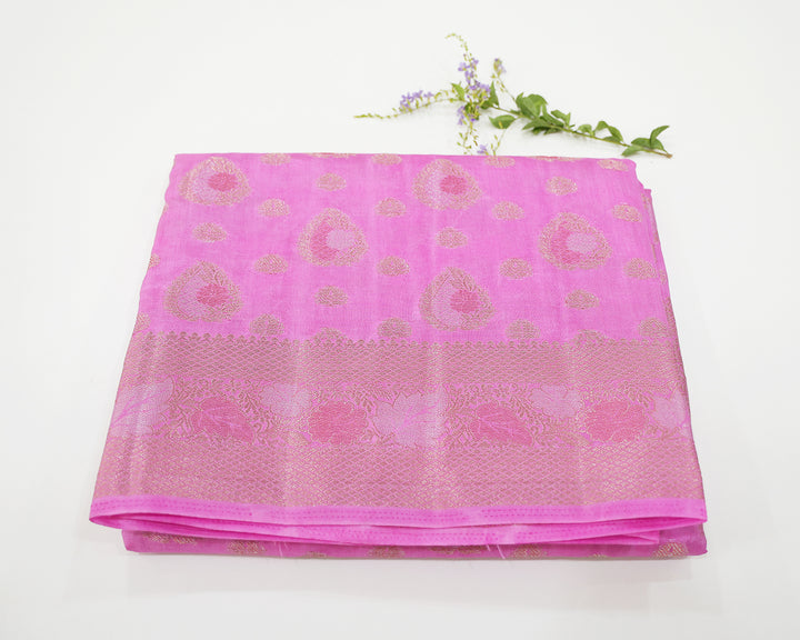 Tussar Mix Saree With Silver, Gold, And Copper Zari Leaf With Floral Designs, Adorned With Leaf Butta