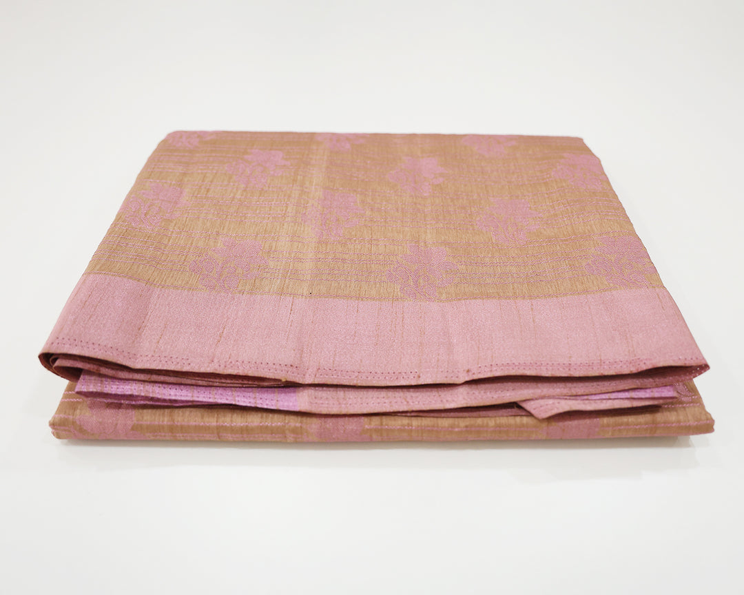 Tussar Mix Saree With Pink Zari Plain Border And Intricate Rose Design Butta