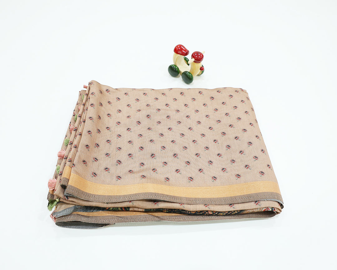 Chanderi Semi Soft Silk Saree With Small Lotus Butta Designs, Running Blouse And Tassels In Pallu