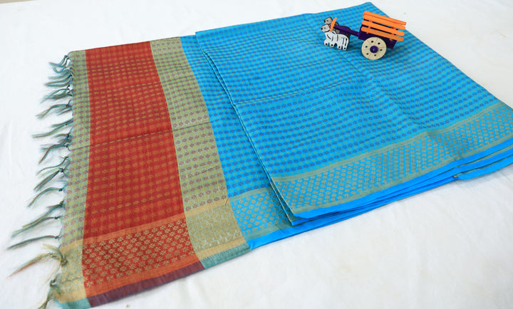 Sky Blue Elegance Silk Cotton Saree With Red Border, Line Pattern Buttas, And Running Blouse