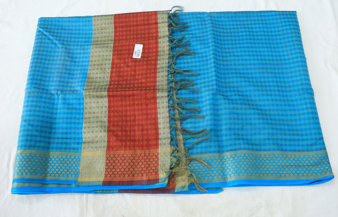 Sky Blue Elegance Silk Cotton Saree With Red Border, Line Pattern Buttas, And Running Blouse