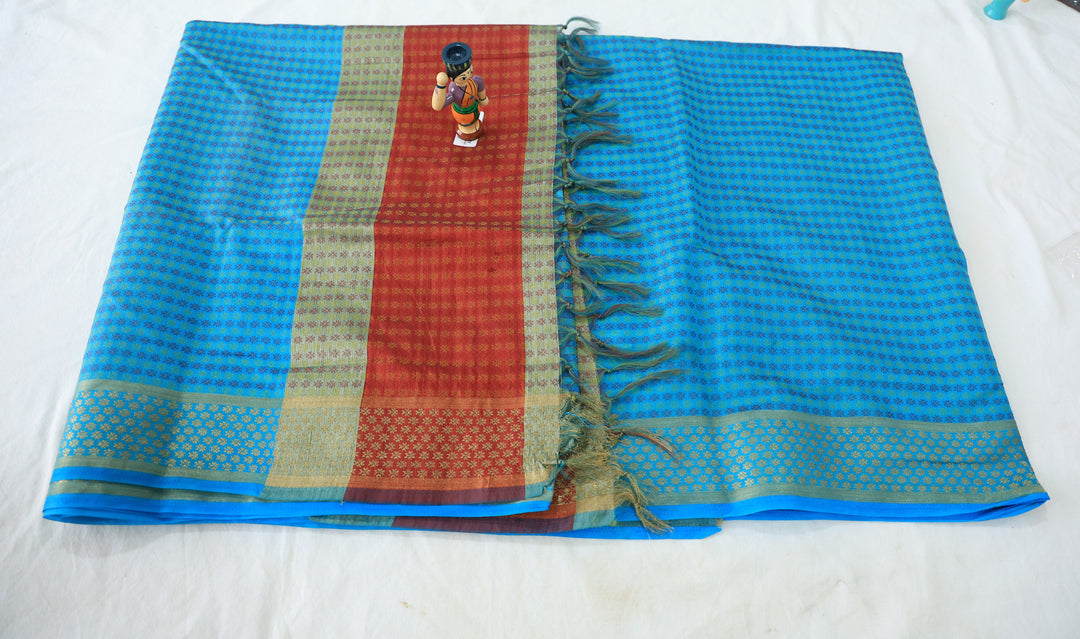 Sky Blue Elegance Silk Cotton Saree With Red Border, Line Pattern Buttas, And Running Blouse