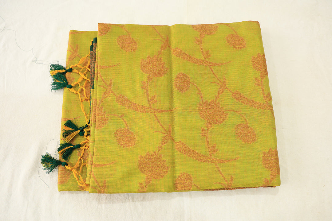 Zesty Lime Delight Soft Silk Saree With Dark Green Border, Copper Zari Designs And Blouse