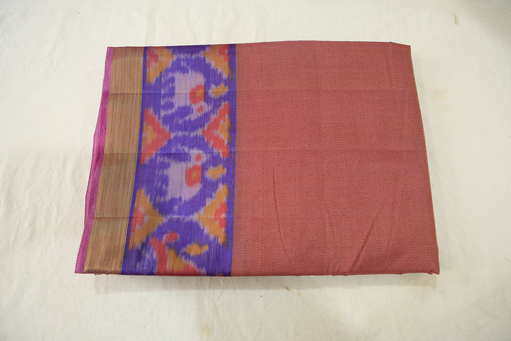 Peachy Glow Cotton Saree With Blue Pochampalli Design And Gold Zari Border