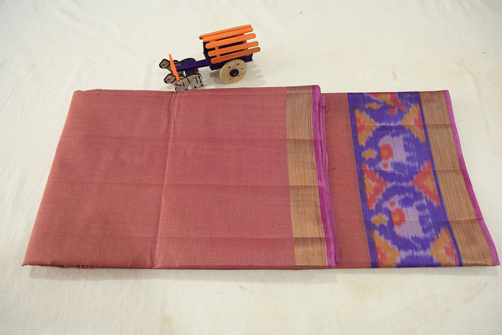 Peachy Glow Cotton Saree With Blue Pochampalli Design And Gold Zari Border