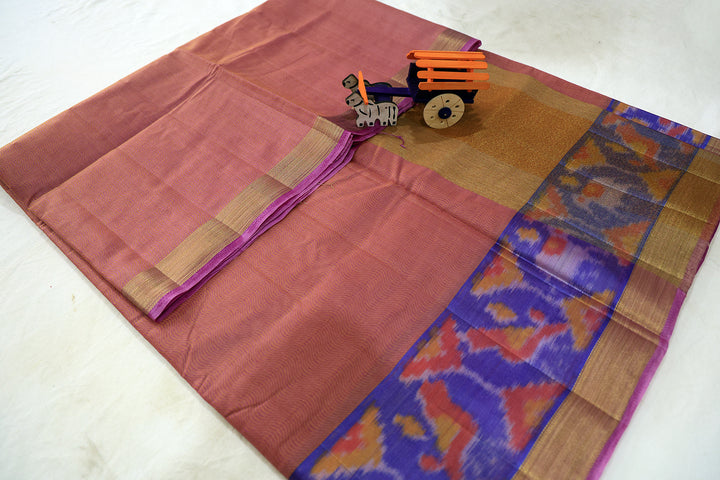 Peachy Glow Cotton Saree With Blue Pochampalli Design And Gold Zari Border