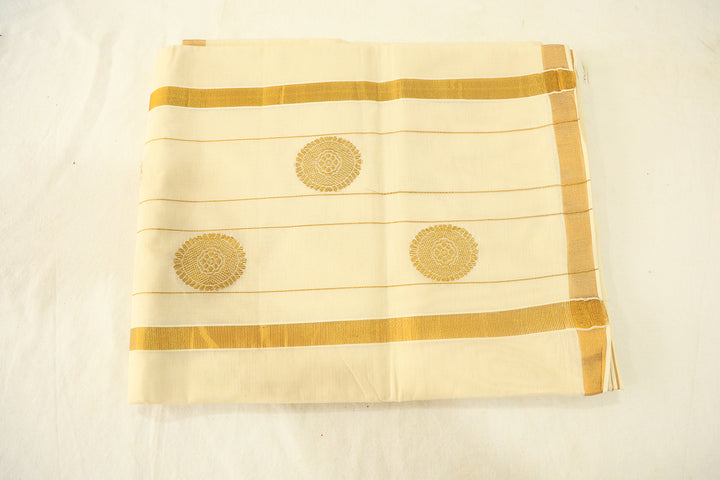 Onam Bliss Off-White Saree with Golden Zari Border, Elegant Buttas, And Coordinated Running Blouse