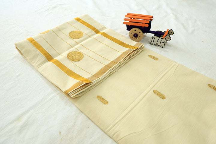 Onam Bliss Off-White Saree with Golden Zari Border, Elegant Buttas, And Coordinated Running Blouse