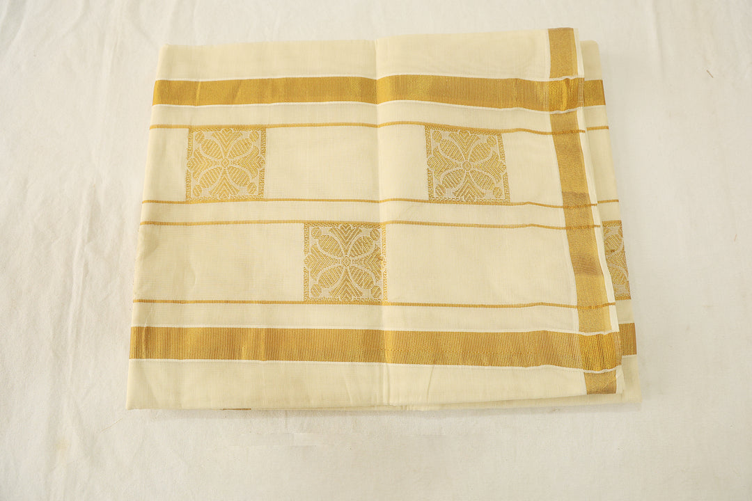 Onam Bliss Off-White Saree with Golden Zari Border, Elegant Buttas, And Coordinated Running Blouse