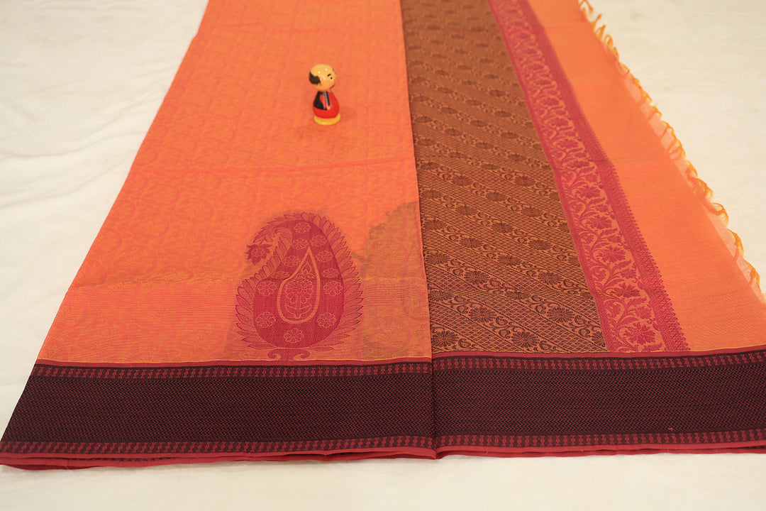 Sunset Blaze Saree With Black And Burgundy Embossed Mango Design With Coordinated Blouse