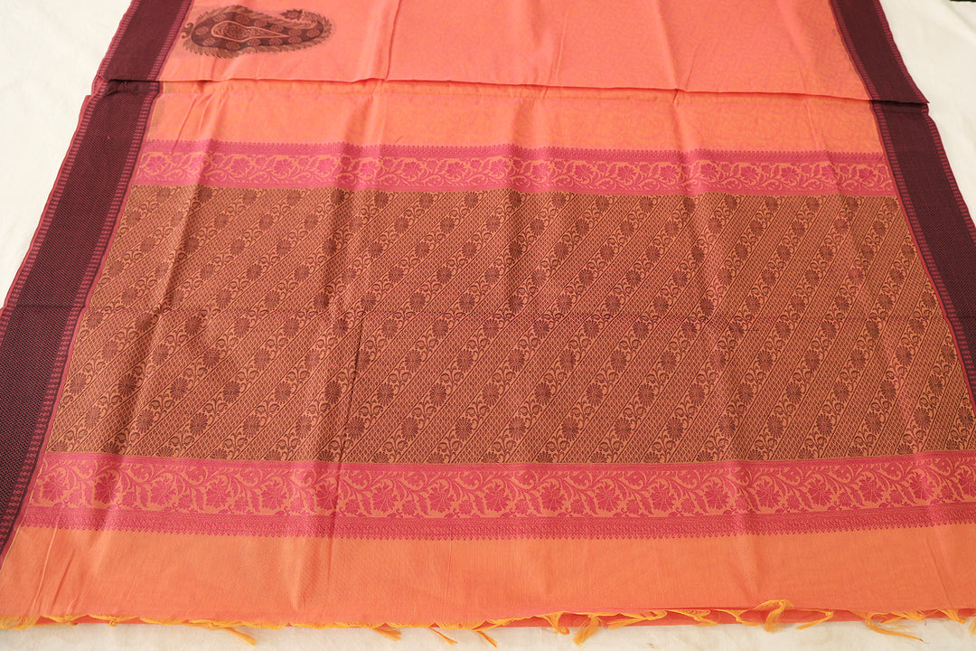 Sunset Blaze Saree With Black And Burgundy Embossed Mango Design With Coordinated Blouse