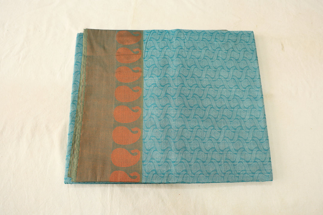 Sky Blue Saree With Delicate Patterns And Mango Copper Embellishment