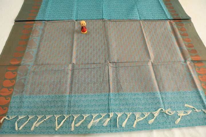 Sky Blue Saree With Delicate Patterns And Mango Copper Embellishment