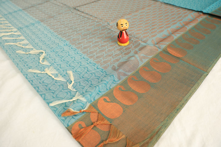 Sky Blue Saree With Delicate Patterns And Mango Copper Embellishment