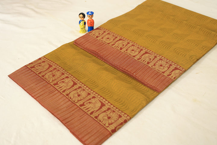 Lemon Lime Cotton Saree With Peacock And Elephant Designs In Maroon And Golden Zari Border