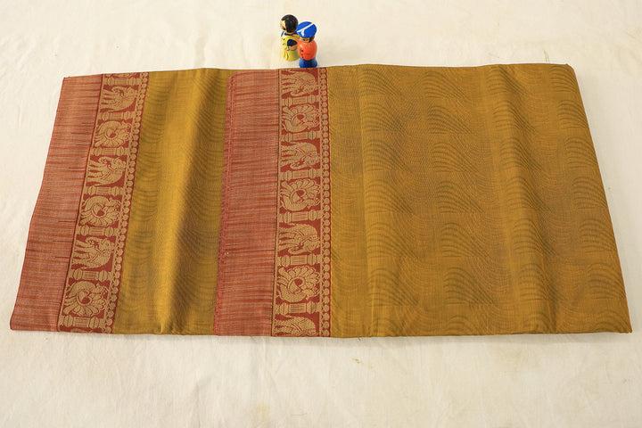 Lemon Lime Cotton Saree With Peacock And Elephant Designs In Maroon And Golden Zari Border