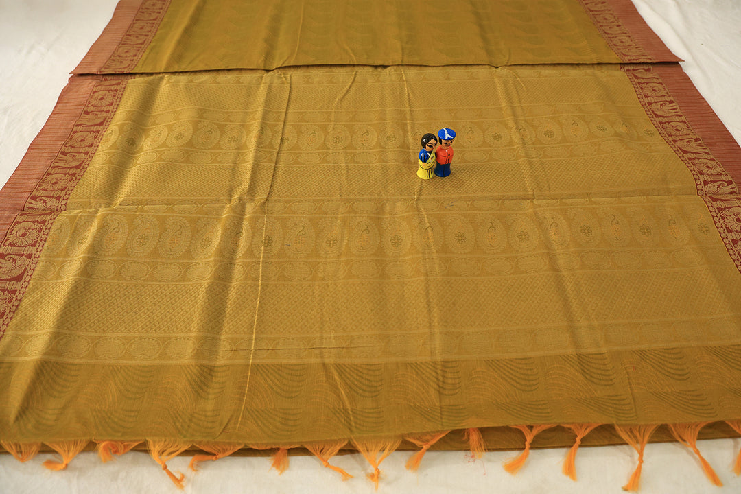 Lemon Lime Cotton Saree With Peacock And Elephant Designs In Maroon And Golden Zari Border