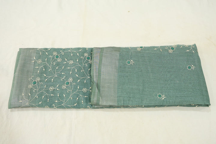 Charming Cotton Saree With Thread Embroidery, Silver Zari Border And Coordinated Running Blouse